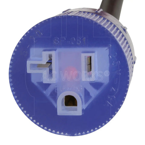 Close-up of lighted NEMA 5-20R plug on Built Tough Heavy Duty 50Ft Extension Cord For Indoor Outdoor Use, UL Listed