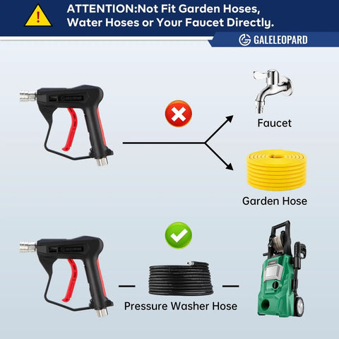 Compact Pressure Washer Gun With One Quarter Inch Quick Connector 4350 PSI High Power Includes Five Spray Nozzle Tips Three Eighths Inch Male Plug M22 Fourteen Millimeter And Fifteen Millimeter Fittings And Foam Cannon Compatibility shown with pressure washer hose and faucet connection