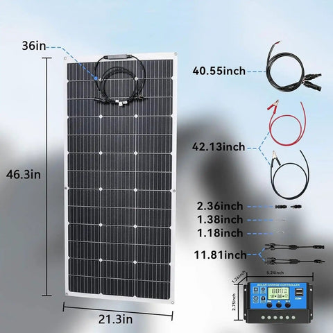 Two 500W Flexible Solar Panels With 40A Controller for RVs display with cables, dimensions shown for panel and accessories.