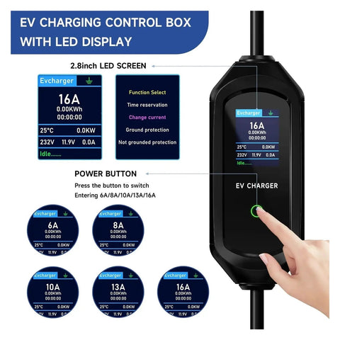 On The Go Portable EV Charger With Type 2 And GBT Plugs Delivers 3.6KW Quick Charge Seamless WiFi App Control showing LED display for settings.