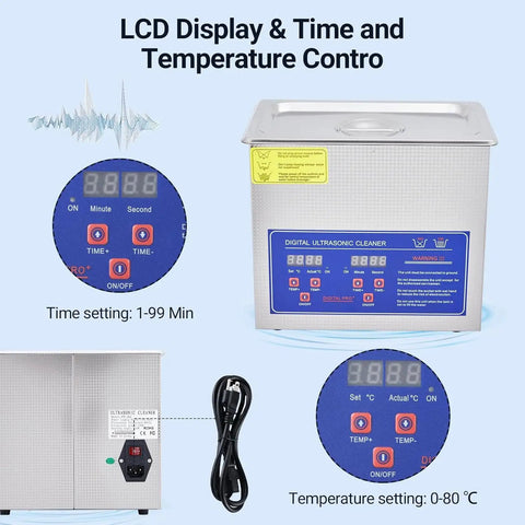 Digital Ultrasonic Cleaner 3.2L Tank With Heater And Timer For Jewelry Glasses Watches Dentures And Small Parts 40kHz, LCD display with controls.