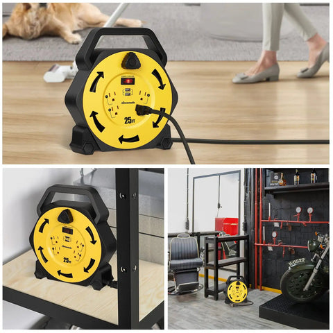 Heavy Duty Cord Reel With Four Outlets And Two USB Ports, 25-Foot Retractable Extension Cord with 13A breaker in home and garage