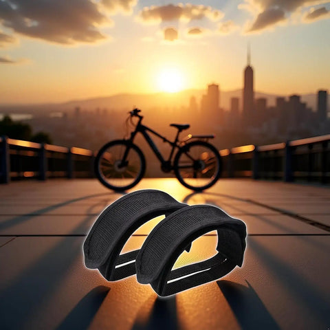 Two Pack Black Bike Pedal Toe Straps for Fixed Gear and Regular Cycling with Beam Design on urban sunset background