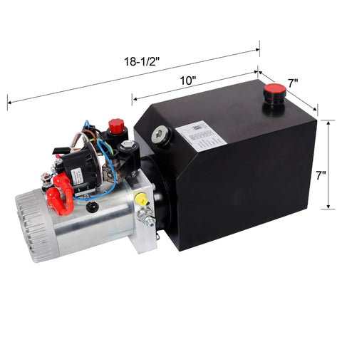 Heavy Duty 3200 PSI 12V DC Double Acting Hydraulic Power Unit Pump With 6 Qt Steel Reservoir side view showing motor and tank dimensions.