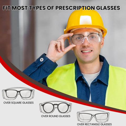 Worker wearing Over Eyeglasses Safety Goggles 12 Pack Workhorse Pro Grade Anti Fog Anti Scratch ANSI Z87.1 Clear Lenses For Construction.