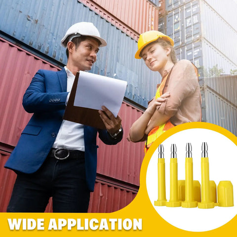 Heavy Duty Bolt Seals Yellow Bulk 100 Pack Built Tough Cargo Container Shipping Tamper Evident Locks displayed near cargo containers.