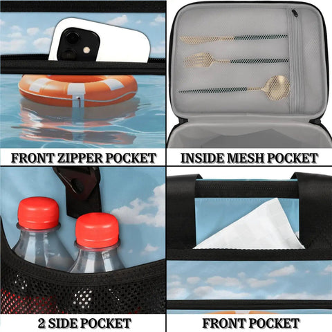 Collage of Insulated Picnic Backpack With Big Capacity Lunch Bag, showing pockets for phone, utensils, and bottles.