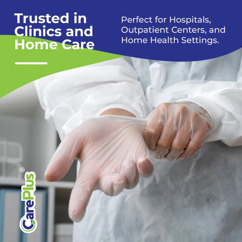 Front view of hands donning CarePlus clear vinyl gloves, large size.
