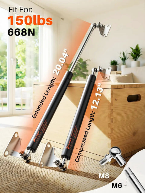 Badass Twenty Inch Gas Struts Built To Deadlift Your RV Bed Or Truck Tool Box Up To 150 Pounds With Sturdy Mounting Brackets For A No Sweat Smooth Operator Lifting Experience In A Two Piece Set with extended and compressed showing dimensions