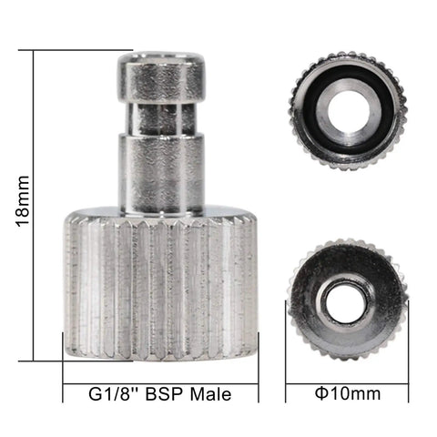 Side and top views of airbrush quick release disconnect coupler kit with adjustable valve, 1/8 inch male fitting, silver metal