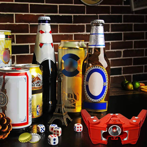 Double Lever Manual Bottle Capper With Magnetic Cap Holder And 144 Beer Caps For Homebrew Sealing displayed with various beer bottles.
