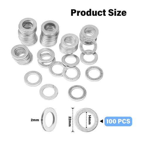 100 Pack Aluminum Oil Drain Plug Washer Set, 14mm Crush Washers Replacement for Honda OEM 94109 14000 Civic Part, stack of washers