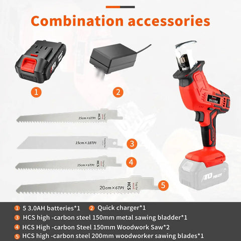 Combination accessories for Compact Cordless Reciprocating Saw Kit, including batteries, charger, and saw blades.