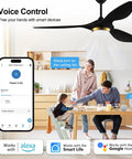 52 Inch Black Modern Ceiling Fan With Lights And Remote, Smart WiFi Enabled, shown in a family kitchen with voice control features