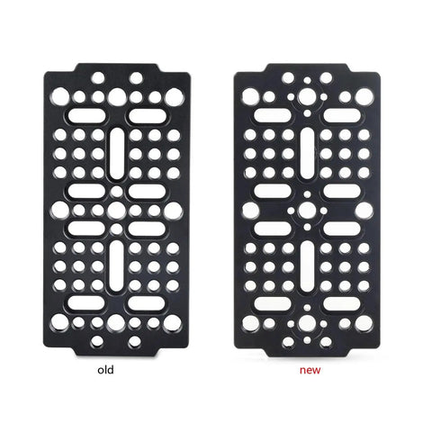 Battle Tested Camera Cheese Plate With Dual Thread Options Secure Switching Mount Featuring Arri Align Pin For Quick Rig Swaps And On Set Workflow Optimization For Videographers, side-by-side comparison of old and new designs.