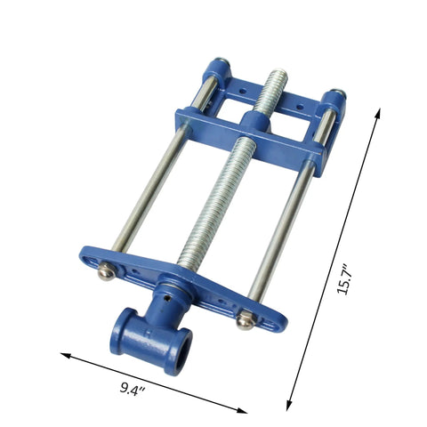 Heavy Duty Front Screw Woodworking Bench Vise With 10.5 Inch Jaw And Tough As Nails Steel Build showing 15.7 inch by 9.4 inch dimensions.