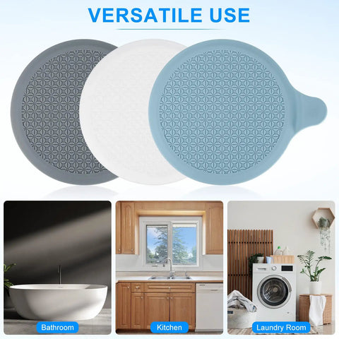 M METERXITY 4-Pack 5.9 in Silicone Tub Stopper in grey, white, and blue for versatile drainage use in bathroom, kitchen, and laundry.