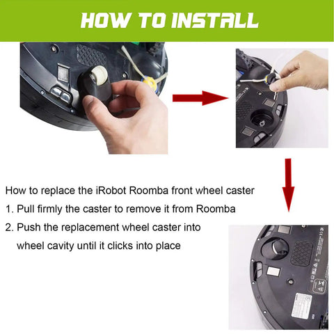 How to install the Fresh Replacement Kit For iRobot Roomba 500 Series designed for green or red cleaning head with front wheel caster.