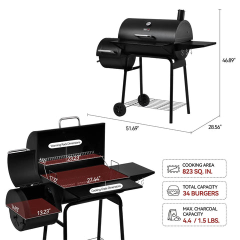 Smokin Hot Charcoal Grill With Offset Smoker For Outdoor Cooking 823 Sq In Total Surface 475 Sq In Porcelain Enameled Grates