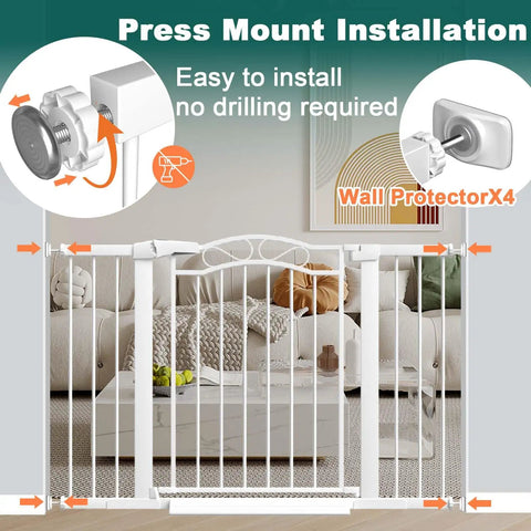 Extra Wide Press Mounted Baby Gate Indoor Walk Through No Drill For Kids And Pets Fits 29.53 To 32.28 Inches Doorway Hallway Gate Safety For The House, showing press mount installation with wall protectors.
