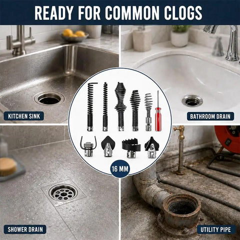 Heavy Duty 10 Piece Drain Cleaning Head Kit For General Wire Mini Rooter display showing heads for kitchen sink, bathroom drain, shower drain, and utility pipe.