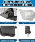Heavy Duty Pneumatic Metal Strapping Tool Set with 8500N Tension, featuring alloy cutter, high power cylinder, lock groove, gas nozzle