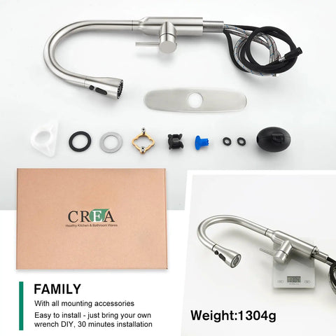Brushed Nickel Kitchen Faucet With Pull Down Sprayer, Small High Arc, RV Ready, all parts laid out for installation.