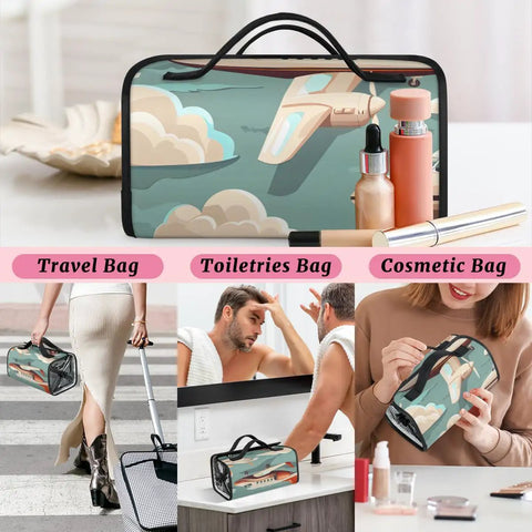Airplane Themed Travel Makeup Bag Hanging Roll Up Organizer For Women with compartments and toiletries on display.