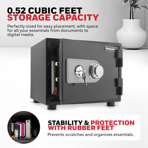 Open view of black Built Tough Fire Safe With 1 Hour Fire Rating Up To 1700F showcasing combination dial lock and rubber feet, 0.52 cu ft interior.