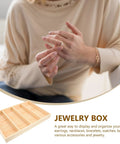 Premium Straight Up Solid Natural Wood Jewelry Tray With Four Roomy Compartments Smooth Ring Display Plate on a table with hands.