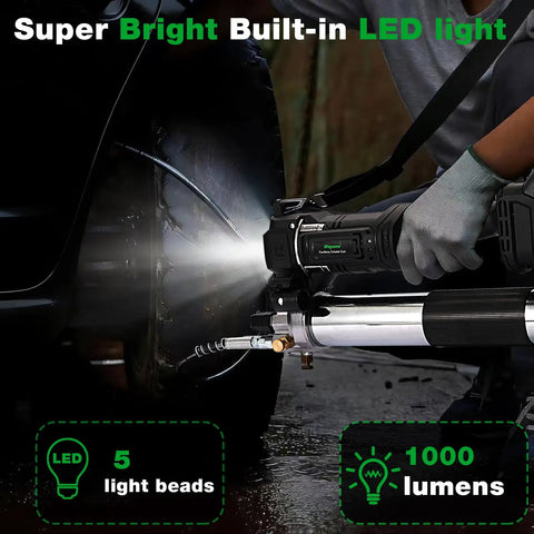 Cordless Grease Gun 12000 PSI Kit With 2 Rechargeable Batteries 39.4 Inch Flexible Hose LED Light in use on car tire