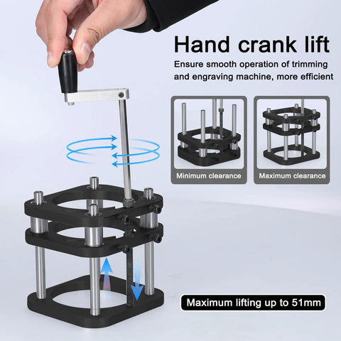 DIY Router Table Base With Four Jaw Clamping Aluminum Alloy Lifting System For 64 To 66mm Motors Stable Router Base For Small Trimming Machines And Mini Gong Machines, hand crank lift, 51mm lift