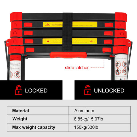 Diagram showing locked and unlocked positions of the 5-Foot Aluminum Telescoping A-Frame Ladder, Grab-And-Go Lightweight Portable Folding Step Ladder For Home, Garage, And Work, Non-Slip Cap, Sturdy 330 Lb Load Capacity, Easy Reach, Multi-Purpose, Compact Storage.