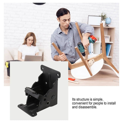Man assembling table with Beefy Black Iron Folding Spring Hinge Table Leg Brackets Set for heavy duty support.