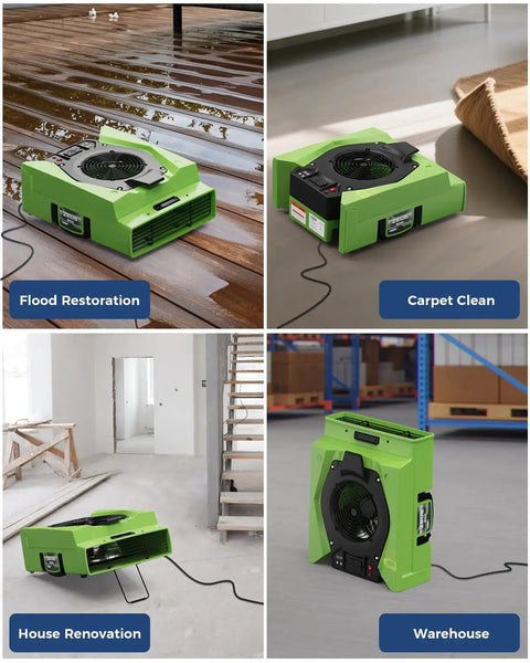 950 CFM Air Mover For Carpets Walls And Plumbing, Compact Stackable Commercial Blower Fan With 1.8 Amps Draw, On Board GFCI, Circuit Breaker Protection, Daisy Chain Up To 8 Fans, LCD Hour Meter, 10 Year Warranty