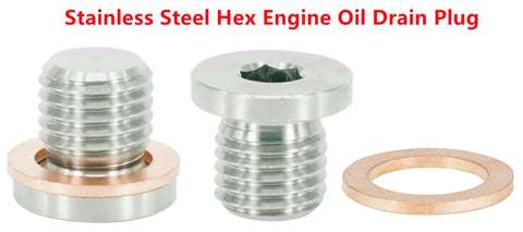 Stainless steel hex engine oil drain plug with copper gasket for Polaris UTVs installation, part of Beefy 5 Piece Kit.