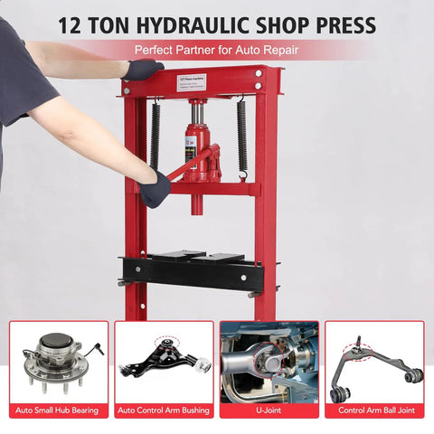 Beefy 12 Ton Hydraulic Shop Press With Movable Plate And 8 Hole Adjustable Height For Heavy Duty Bending And Bearing Removal