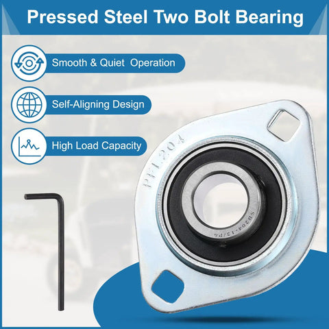 Two Pack Pillow Block Bearing Set With Three Quarter Inch Bore, Steel Flange Mounted Housing, Includes Wrench, ABEC 3