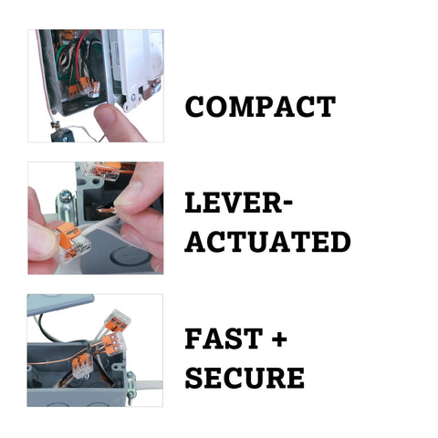 Lever Nuts 221-412 Two Conductor Compact Wire Connectors Bulk Pack 2500 Count in use in an electrical junction box.