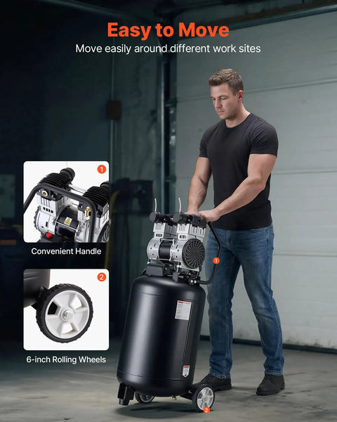 20 Gallon Portable Air Compressor With Wheels 2HP 125PSI Max Oil Free Tank being moved with handle and 6-inch wheels.