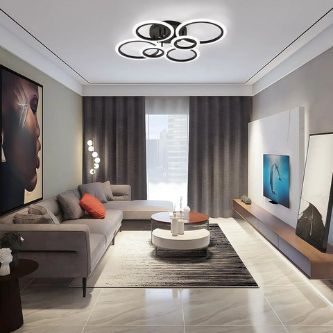 Living room with Sleek Modern LED Flush Mount Ceiling Light With Six Black Rings, low profile fixture, 4000K, non-dimmable.
