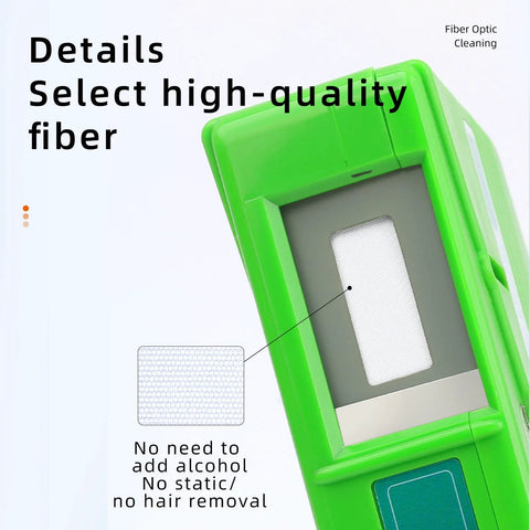 Front view of a green optical fiber connector cleaner cassette with white microfiber pad for FC/SC/ST/LC/MU/D4 connectors