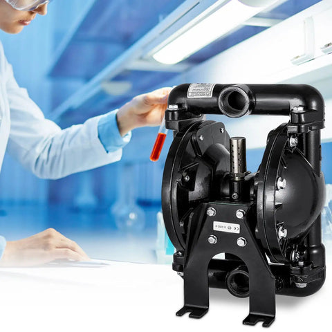 Heavy Duty Air Operated Double Diaphragm Pump With One Inch Inlet And Outlet Aluminum Body And Durable Nitrile Diaphragms Built Like A Tank delivering up to thirty five gallons per minute at 120 psi in laboratory setting.