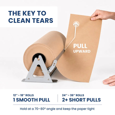 Flawless One Hand Paper Roll Dispenser And Cutter Lets You Slice Kraft Freezer Butcher Paper Up To 1000 Feet Effortlessly showing paper pull instructions.