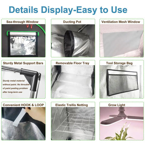 24x24x55 Inch Grow Tent Kit With Full Spectrum LED Grow Light features details like ducting pot, support bars, trellis netting