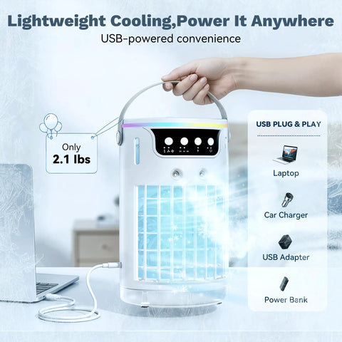 Evaporative Mini AC Fan With Ice Mist Cooler, Quiet Personal Air Conditioner on desk with USB connectivity options displayed nearby.