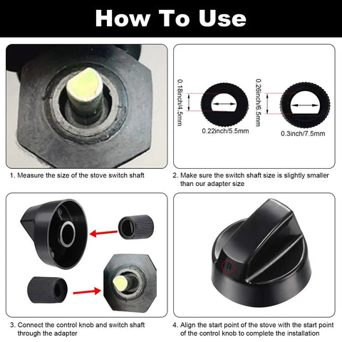 4 Pack Control Knobs Replacement Kit With 12 Adapters For Oven Stove Range No Fuss Universal Fit For RVs Campers Trailers Black Includes Long And Short Adapters For Most Brands installation guide