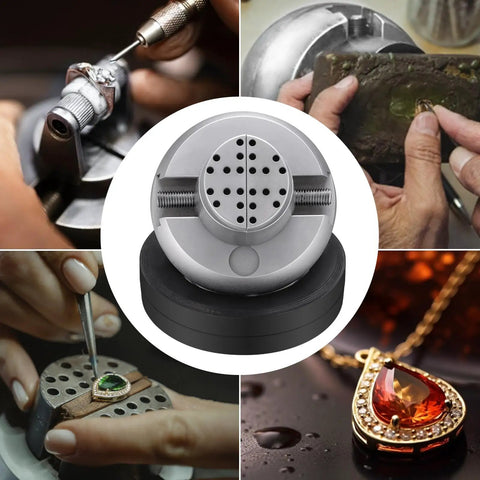 Five Inch Ball Vise Engraving Setting Tool With 360 Degree Rotation Pro Grade Heavy Duty Ball Vise And Thirty Six Piece Attachment Jewelry Engraving Block Standard Block used for detailed jewelry work with close-up views.