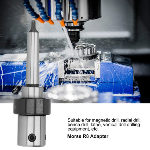 Front view of Morse R8 adapter drill sleeve; MT2, 19.05 mm shank, steel milling tool in CNC setup with coolant spray