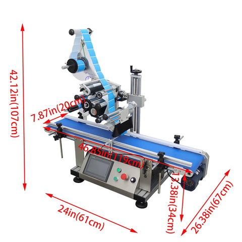 Automatic Flat Labeling Machine With Conveyor Belt For Plates And Shop Merch Smart Sensor Desktop Label Applicator 110V Heavy Duty setup dimensions shown.